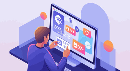 Isometric illustration of a user experience designer arranging elements on a computer interface.
