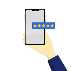 Wall Mural - Customer review concept illustration with hand holding phone and five star rating. Digital satisfaction feedback. Flat modern style.