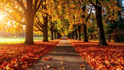 pathway in a park covered with red and yellow autumn leaves, trees forming a tunnel