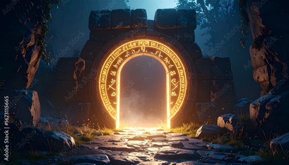 Mystical glowing portal in an ancient forest ruin, an enchanted gateway ...