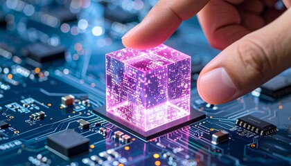 hand holding a glowing digital cube over a circuit board, Generated with AI.