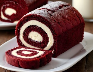 Wall Mural - red velvet roll cake on a plate with cream cheese filling