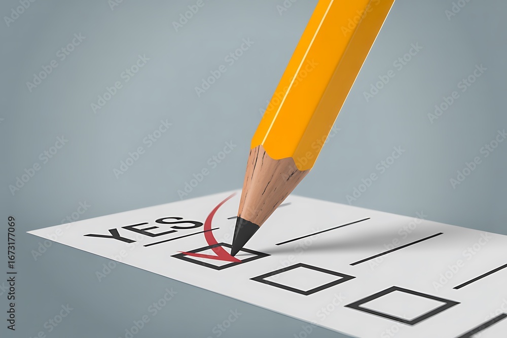 Pencil marking a checkbox with a red checkmark on a paper labeled YES ...