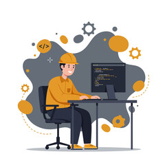 Male Engineer Developer Working on Computer with Hard Hat.