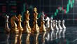 © Maryna - Gold and silver chess pieces arranged on a glossy surface, symbolizing strategic business moves against a backdrop of financial market graphs. Represents investment, competition, and economic trends.