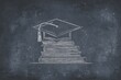 © B - Graduation cap atop stacked books, sketched on textured background