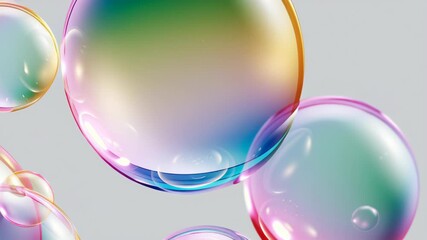Wall Mural - Colorful iridescent soap bubbles creating a dynamic and abstract background. Transparent spheres with vibrant reflections floating in space. Animation.