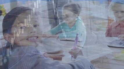 Wall Mural - animation of financial data processing and globe over girl writing
