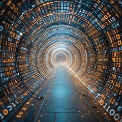 An abstract tunnel of binary code representing digital data and technology