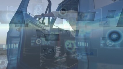 Wall Mural - animation of data processing over man in car