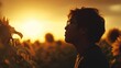 © NUMBER BLACK - Profile view of person in a sunflower field at sunset. Warm light surrounds, creating silhouette