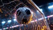 © MDRAFIQUL - Dynamic soccer ball caught in the goal net with bright stadium lights blurring in the background during a match.
