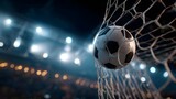 Dynamic soccer ball caught in the goal net with bright stadium lights blurring in the background during a match.