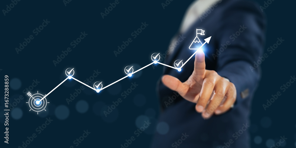Business success roadmap concept. Points to a upward path marked by ...