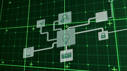 Wall Mural - animation of multiple icons forming flow chart over grid pattern, plus signs on abstract background