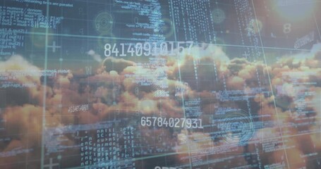 Wall Mural - animation of scope scanning and data processing over sky with clouds