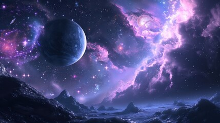 Wall Mural - alien purple planet with moon and stellar space background