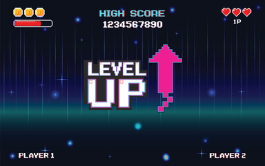 Wall Mural - LEVEL UP icon pixel art. 8 bit game. retro game. Retro Futurism Sci-Fi Background. glowing neon grid. and stars from vintage arcade computer games