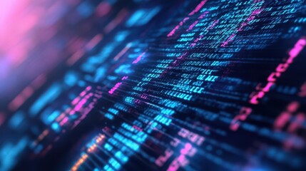 Abstract data code glowing with blue and pink colors against a dark background.