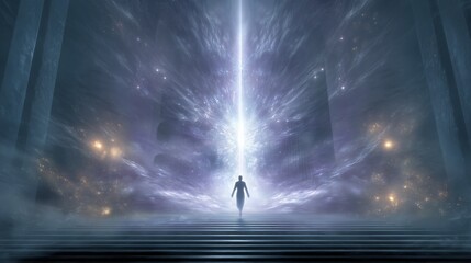 Wall Mural - Ethereal figure standing before a radiant light beam in a mystical cosmic environment