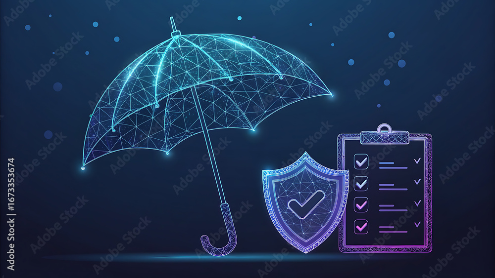 Umbrella Risk Protection Digital umbrella shield and checklist symbolizing insurance and ...
