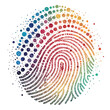 © Youru - Vibrant fingerprint formed by colorful mosaic dots symbolizing identity, uniqueness, and personal data security in a modern digital world.