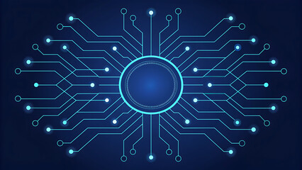 Wall Mural - Symmetrical Digital Circuit Board with Glowing Blue Lines and Nodes technology futuristic
