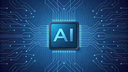 Wall Mural - AI Chip with Circuit Board Connections and Glowing Blue Lights artificial intelligence