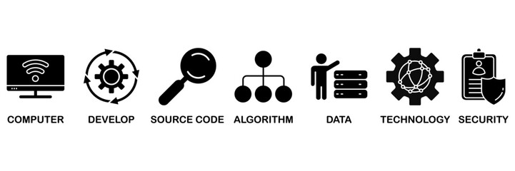 Programming icon set vector illustration concept with icon of computer, develop, source code, algorithm, data, technology and security