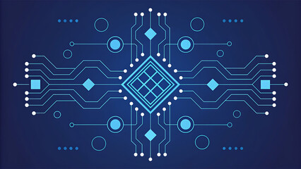 Wall Mural - Symmetrical Blue Circuit Board Design with Central Processor technology computer