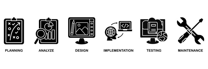 Software development icon set vector illustration concept with icon of planning, analyze, design, implementation, testing, integration, and maintenance