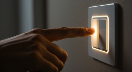 CLOSE VIEW OF A HAND PRESSING A LIGHT SWITCH BUTTON