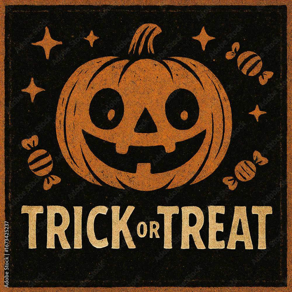 ジャックオーランタンとキャンディ、そして「TRICK OR TREAT」の文字を