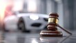 © elmyra - Wooden gavel in front of a car.  Legal proceedings