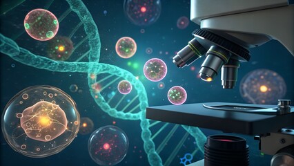 Microscope technology illustration with a circular gear design and science background