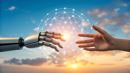 Digital illustration showing a symbolic interaction between humans and ai