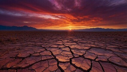 Picturesque vibrant panoramic desert with cracked soil and  mountain peaks outdoors landscape. Warm orange glowing sunset behind silhouetted mountains with blue and purple evening sky in the back. 