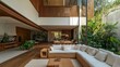 © AumArt - Modern home interior design with wooden floors wicker sofa and indoor plants Large windows showcase a lush green garden