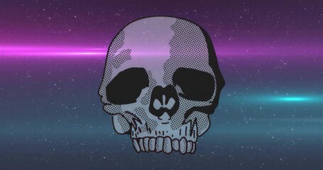 Wall Mural - Opening halftone skull over neon starfield pulsing white evoking digital retro vibe