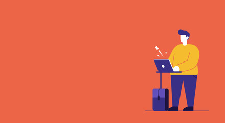 Professional individual focused on a laptop, standing with a bag, representing remote work, online education, or mobile business. Generous copy space for creative use.