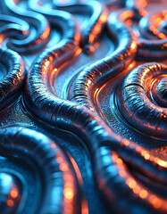 Wall Mural - A close-up of an abstract metallic design with smooth, curved lines and a color gradient.