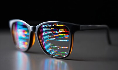 Glasses reflecting code, symbolizing programming skills essential for the future. A highly demanded and important profession in the era of technology and AI.