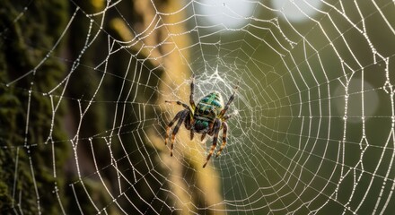 A stunning macro view of a vibrant green spider resting at the heart of its intricate web, glistening with morning dew drops