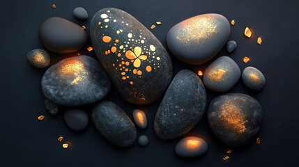 A collection of dark stones adorned with golden accents.