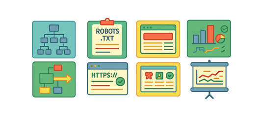 Web development flat icon set. sitemap, robots.txt, analytics, and more flat icons
