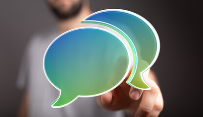 Abstract image of person interacting with digital speech bubbles, symbolizing communication and conversation.