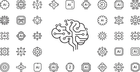 Artificial intelligence thin line icon set featuring a central brain circuit symbol. A collection of modern vector icons for machine learning, deep learning, and futuristic technology
