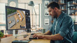 © Gorodenkoff - Male Interior Designer Working Behind a Desk in Office, Using Computer Software to Choose, Move and Manipulate 3D Furniture in a Cozy Home Project. Professional Working on a Comfortable Flat