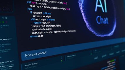 Close Up on Computer Screen with an Artificial Intelligence Chat Bot Creating a Unique Software Code Live on Display. Internet User Asked a LLM Model a Prompt to Generate a Programmer's Code