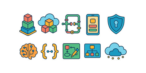 Wall Mural - Technology, development flat icon set. cloud, security, mobile icons flat collection